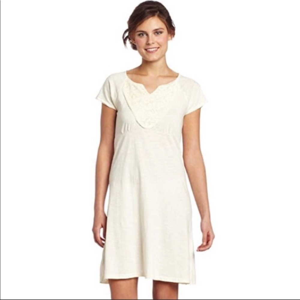 PRANA Seaside Dress Crochet Accent 100% Organic Cotton Ivory Yellow Lightweight